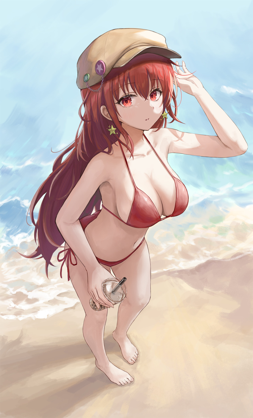 1girl bangs bare_shoulders barefoot beach bikini blush breasts cleavage collarbone commission cup earrings full_body hat highres indie_virtual_youtuber jewelry large_breasts long_hair looking_at_viewer parted_lips red_bikini red_eyes red_hair sauvignon shore skeb_commission smile solo swimsuit virtual_youtuber
