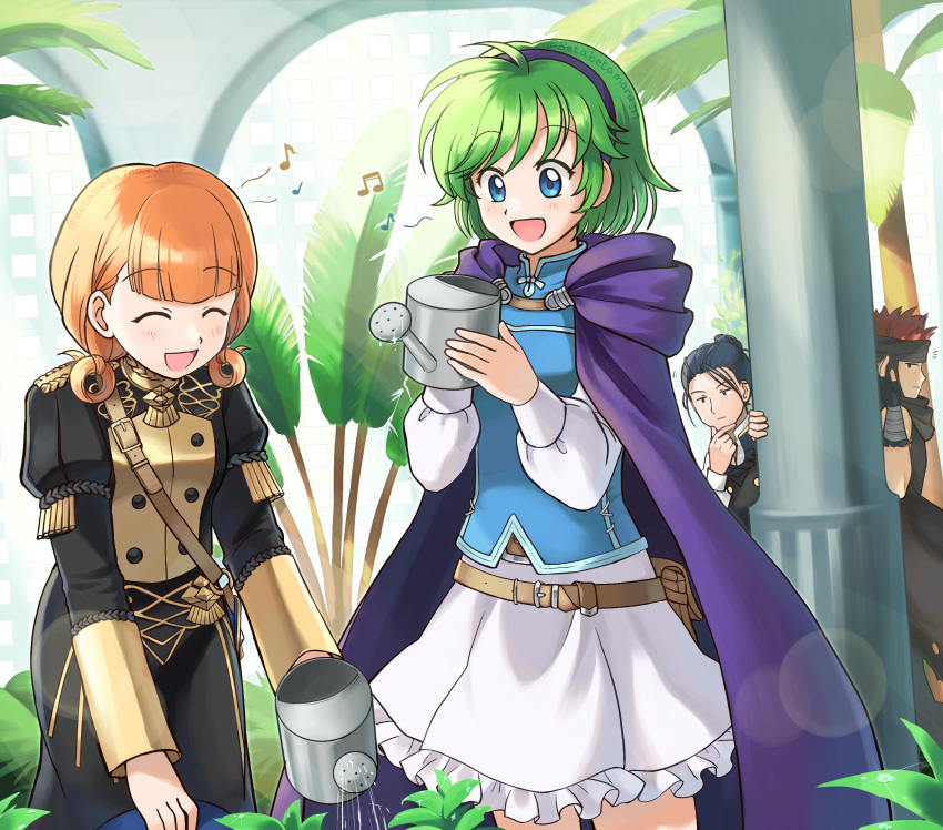 2boys 2girls :d annette_fantine_dominic bandages beamed_eighth_notes belt betabetamaru blue_eyes blue_hair cape cloak closed_eyes eighth_note felix_hugo_fraldarius fire_emblem fire_emblem:_the_blazing_blade fire_emblem:_three_houses garden gardening garreg_mach_monastery_uniform green_hair greenhouse hairband highres holding holding_watering_can jaffar_(fire_emblem) long_sleeves multiple_boys multiple_girls music musical_note nino_(fire_emblem) open_mouth orange_hair plant purple_cape purple_hairband quarter_note red_hair short_hair short_twintails singing skirt smile tree twintails watering watering_can