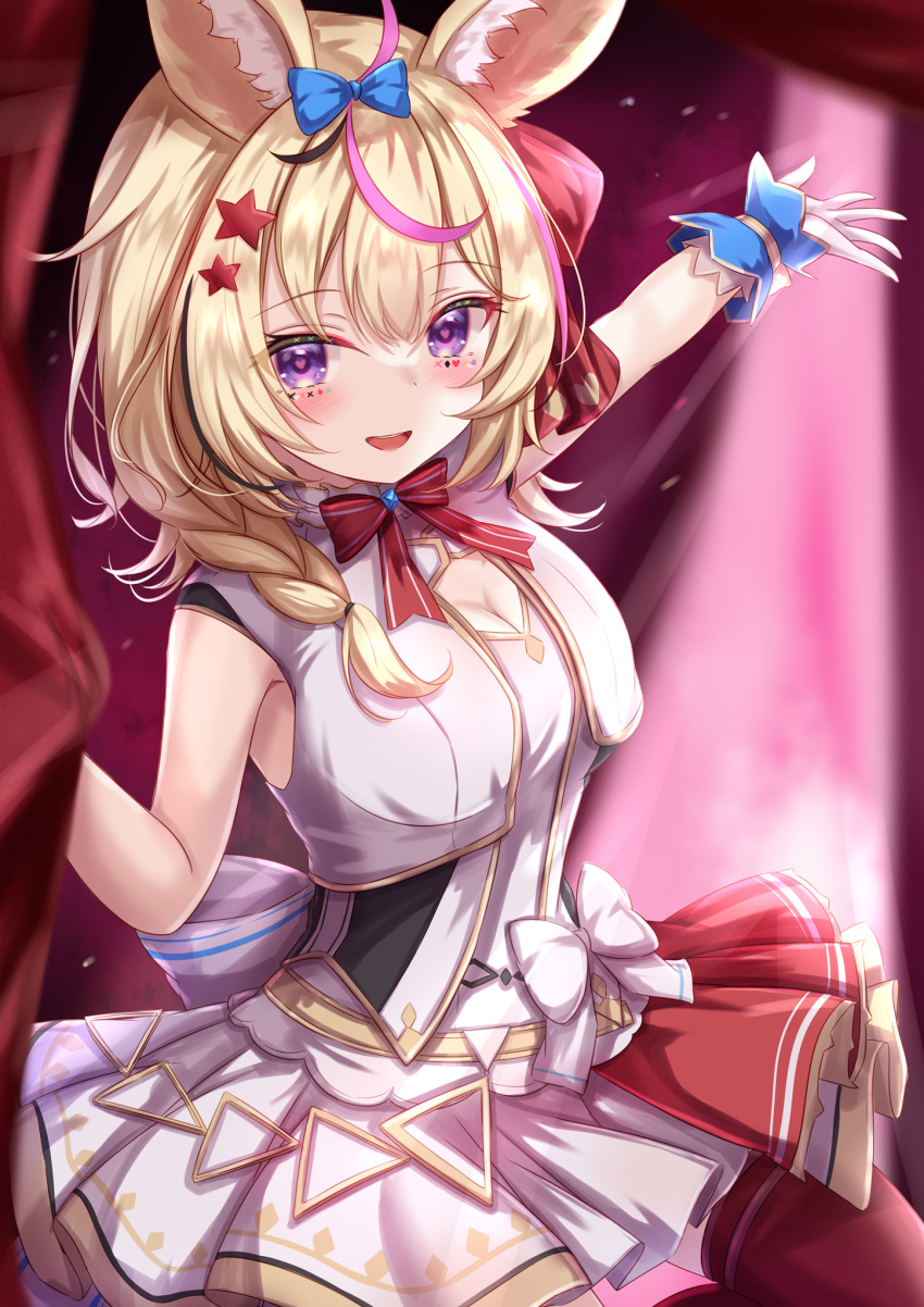 1girl :d ahoge animal_ear_fluff arm_up bangs blonde_hair blue_bow blush bow braid curtain_grab curtains dress facial_mark fox hair_between_eyes hair_bow hair_ornament hair_ribbon heart heart-shaped_pupils highres hololive long_hair looking_at_viewer omaru_polka red_ribbon red_thighhighs ribbon sleeveless sleeveless_dress smile solo star_(symbol) star_hair_ornament symbol-shaped_pupils thighhighs virtual_youtuber white_dress wrist_cuffs yuano