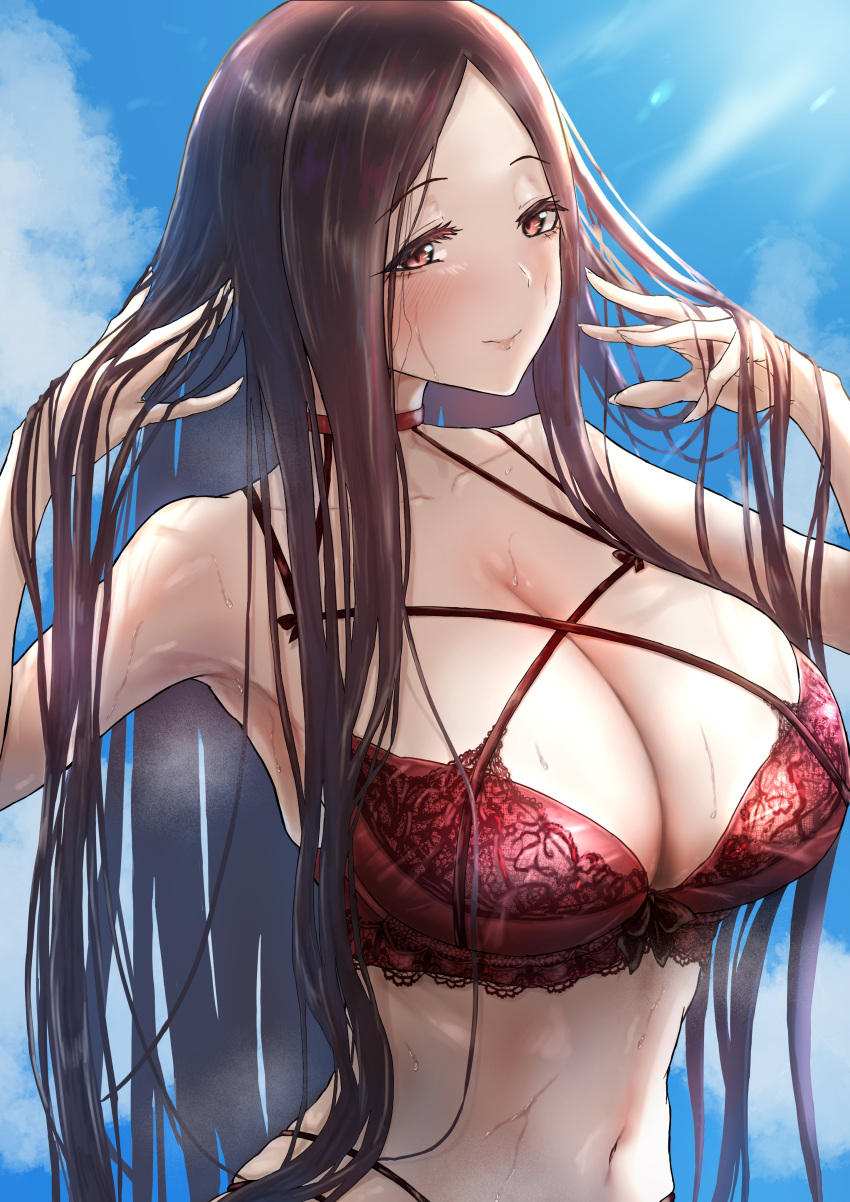 1girl absurdres bangs bikini blue_sky blush breasts cleavage collarbone hands_in_hair highleg highleg_bikini highres hiiragi_shino huge_breasts idolmaster idolmaster_cinderella_girls light_rays light_smile long_hair looking_at_viewer multi-strapped_bikini navel outdoors parted_bangs parted_lips red_bikini shaddoll_fusion sky smile solo straight_hair swimsuit upper_body very_long_hair