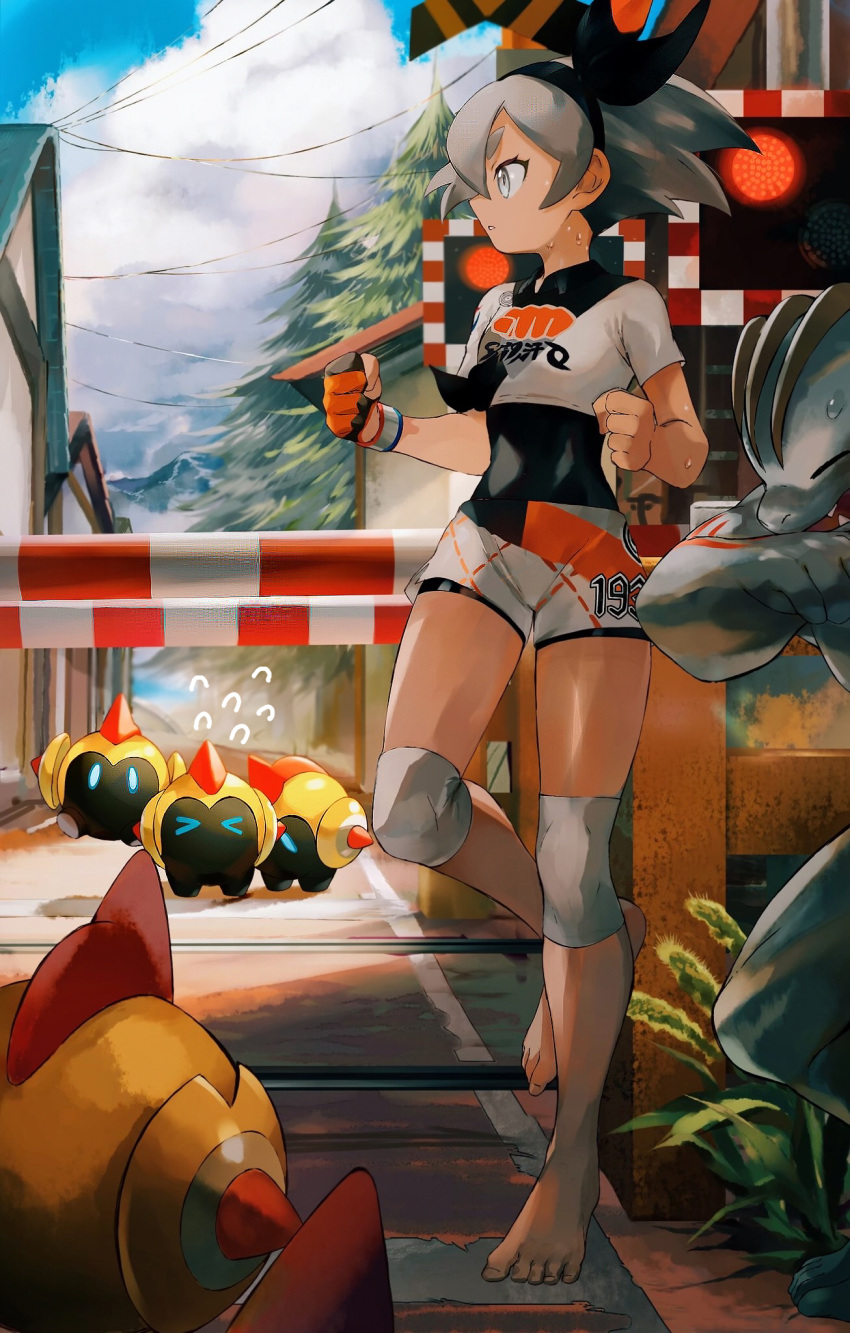 1girl bangs barefoot bea_(pokemon) black_bodysuit black_hairband bodysuit bodysuit_under_clothes bow_hairband cloud collared_shirt commentary_request day dynamax_band falinks flying_sweatdrops gloves grey_eyes grey_hair hairband highres knee_pads machoke orange_mikan outdoors partially_fingerless_gloves pokemon pokemon_(creature) pokemon_(game) pokemon_swsh print_shirt print_shorts shirt short_hair short_sleeves shorts single_glove sky standing sweat toes