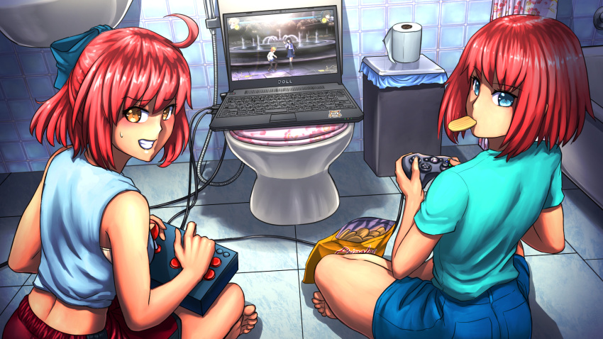 2girls ahoge arcade_stick barefoot bathroom blue_eyes blue_shorts brand_name_imitation cable casual chips computer controller dell english_commentary fighting_game food from_behind full_body game_controller gamepad highres hisui_(tsukihime) indian_style joystick kohaku_(tsukihime) laptop looking_at_viewer looking_back making-of_available melty_blood melty_blood:_type_lumina meme multiple_girls orange_eyes playing_games potato_chips red_hair red_shorts shirt short_hair shorts siblings sisters sitting sleeveless substance20 t-shirt toilet tsukihime twins video_game xbox_controller