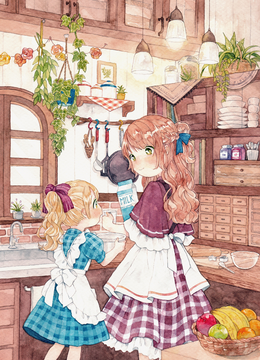 2girls :o apple apron banana basket blonde_hair blush bowl cabinet capelet cookie_cutter cooking cup dress flower food frilled_dress frills fruit fruit_bowl green_eyes hair_ribbon highres holding holding_bowl holding_carton holding_cup indoors jar kitchen long_hair mameyanagi measuring_cup milk milk_carton multiple_girls open_mouth original painting_(medium) plaid plaid_dress plant ponytail ribbon rolling_pin shelf sink smile traditional_media watercolor_(medium) wavy_hair window yellow_eyes