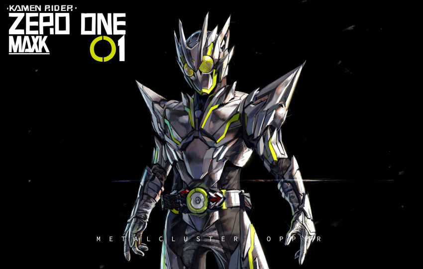 1boy absurdres armor armored_boots armored_gloves artist_name belt black_background bodysuit boots bug character_name compound_eyes cowboy_shot cropped_legs driver_(kamen_rider) grasshopper green_eyes grey_bodysuit highres kamen_rider kamen_rider_01_(series) kamen_rider_zero-one max-k metalcluster_hopper official_alternate_costume open_hands progrise_key reiwa rider_belt silver_footwear tokusatsu zero_one_driver