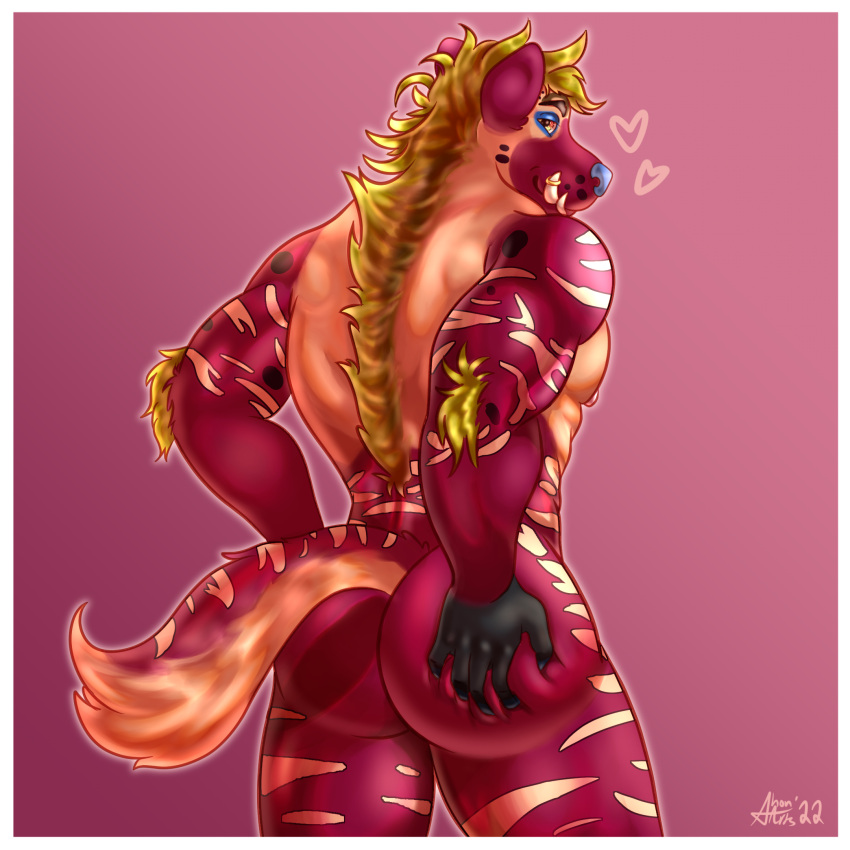 &lt;3 1:1 2022 abs anthro artist_name back_muscles biceps big_butt butt butt_grab colored digital_drawing_(artwork) digital_media_(artwork) fangs fur hair hand_on_butt hi_res hyaenid looking_at_viewer looking_back male mammal mane markings multicolored_body muscular muscular_anthro muscular_male nipples nude pecs pose presenting reaching_back rear_view ring_(jewelry) shaded shon_arts signature simple_background smile solo spots spotted_body standing striped_body striped_markings stripes teeth thick_thighs tooth_ring tuft