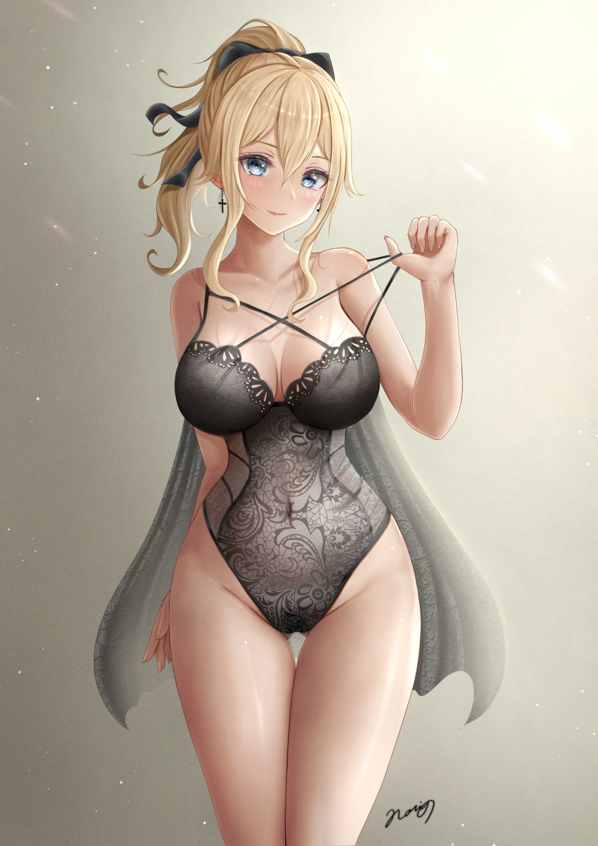1girl absurdres ass_visible_through_thighs bare_legs blonde_hair blue_eyes breasts cleavage cross cross_earrings earrings genshin_impact highres jean_(genshin_impact) jewelry large_breasts leotard lingerie nori_chazuke ponytail smile solo strap_pull underwear