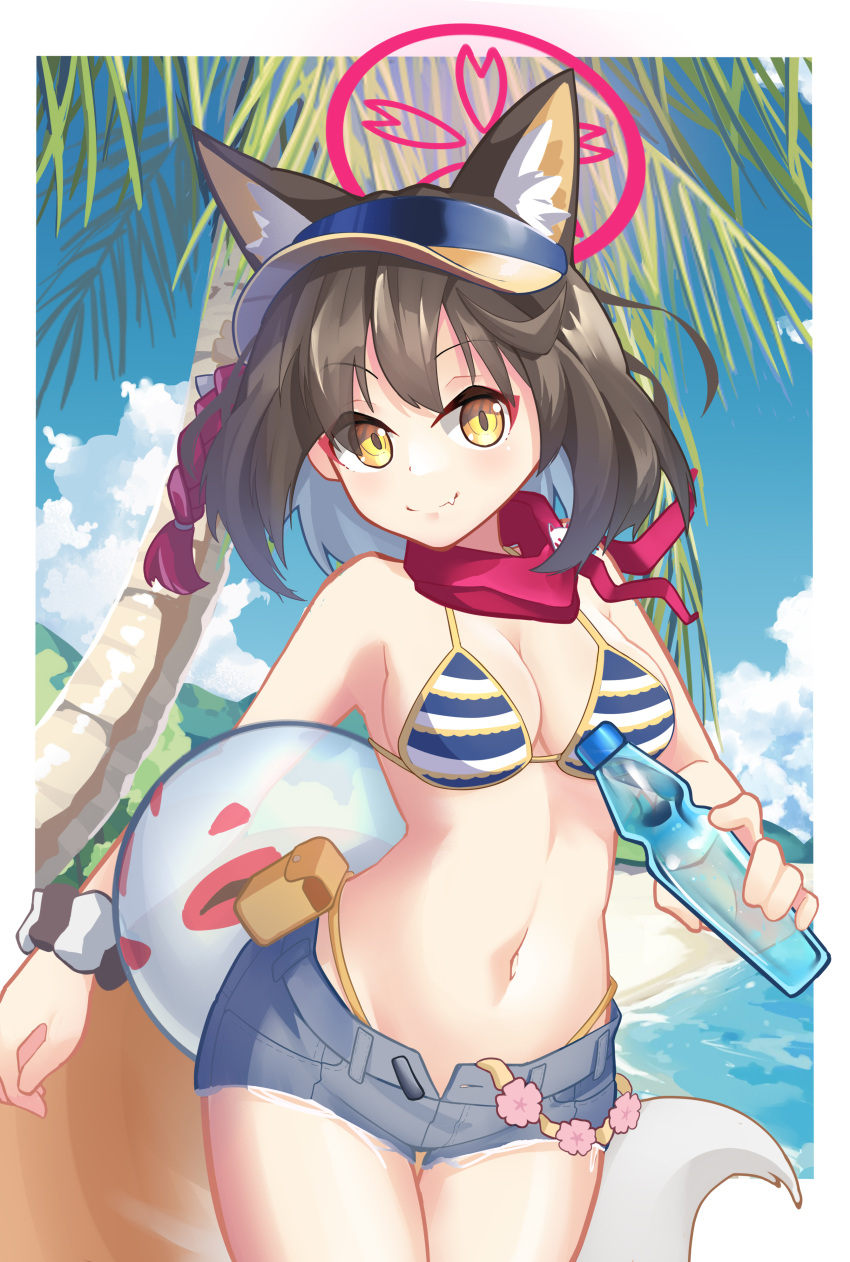 1girl absurdres animal_ear_fluff animal_ears bikini blue_archive blue_sky bottle breasts brown_eyes cloud cowboy_shot day denim denim_shorts fox_ears fox_girl fox_tail hair_ornament halo highleg highleg_bikini highres holding holding_bottle izuna_(blue_archive) izuna_(swimsuit)_(blue_archive) medium_breasts micro_shorts mofftarkin outdoors pink_scarf pom_pom_(clothes) pom_pom_hair_ornament ramune scarf shorts sky solo standing striped striped_bikini swimsuit tail visor_cap