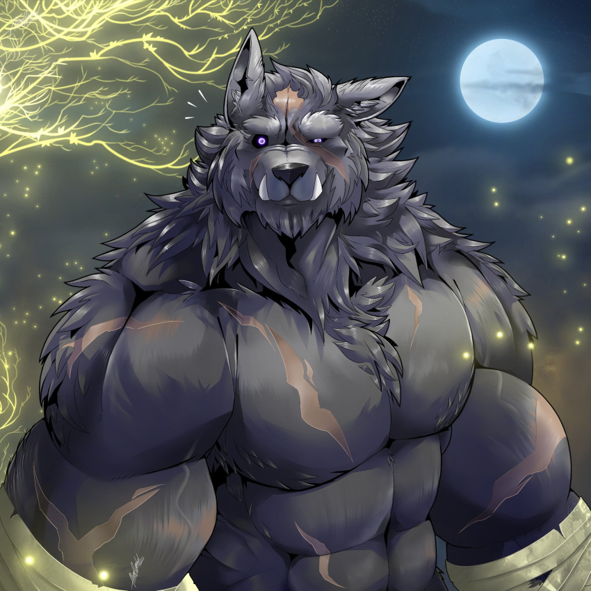 aliensymbol anthro black_sclera blaidd_(elden_ring) canid canine canis elden_ring fangs fromsoftware full_moon hi_res male mammal moon muscular muscular_male pivoted_ears purple_eyes scar solo video_games wolf