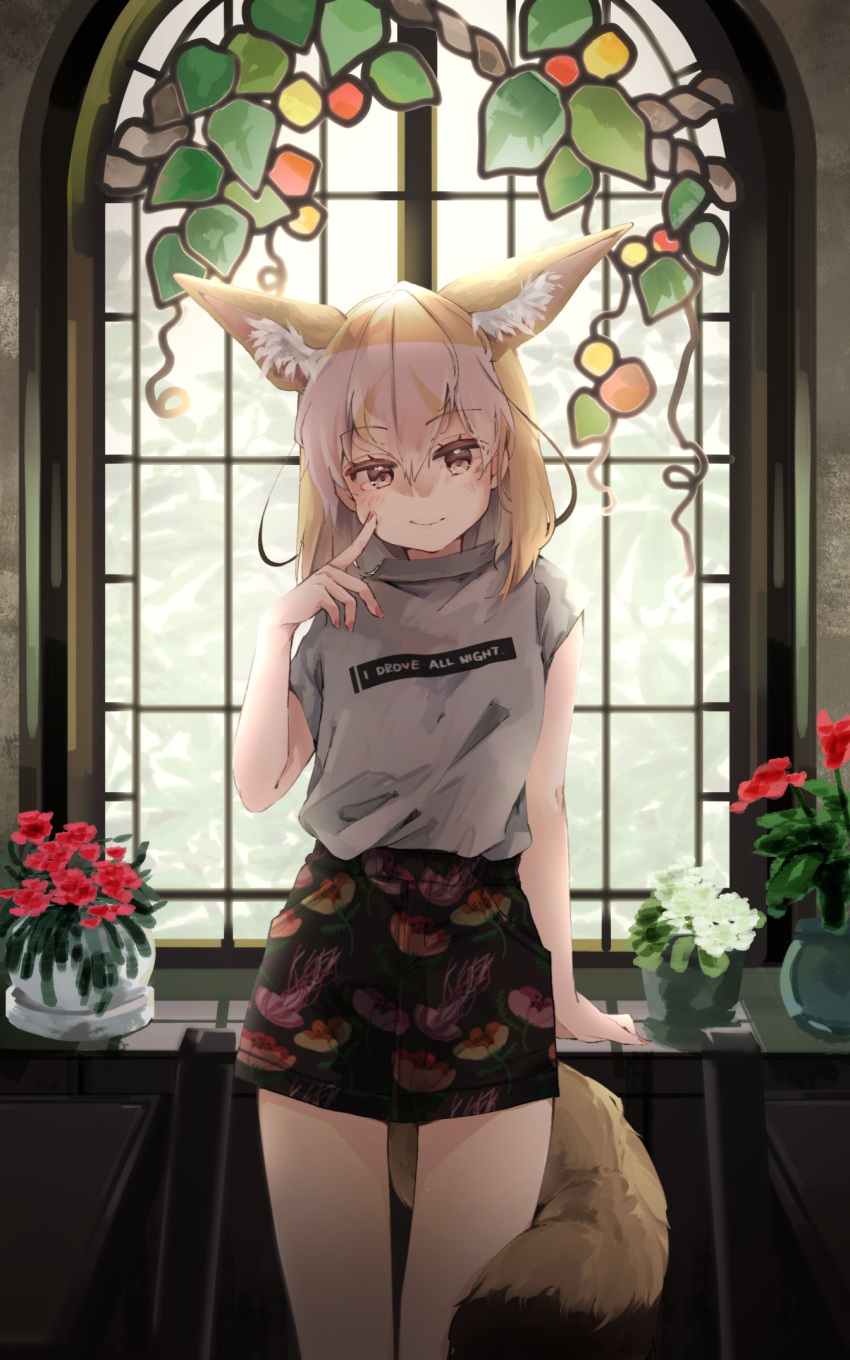 alternate_costume animal_ears black_shorts blonde_hair casual commentary_request cowboy_shot extra_ears fennec_(kemono_friends) finger_to_cheek fox_ears fox_girl fox_tail fruit_pattern highres kemono_friends looking_at_viewer nanana_(nanana_iz) shirt short_hair short_sleeves shorts smile tail white_hair white_shirt yellow_eyes