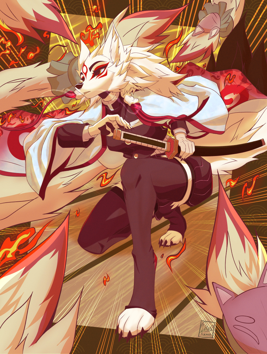 abstract_background absurd_res amaterasu anthro barefoot breasts breath canid canine canis capcom cape claws clothed clothing deity demon_slayer elemental_manipulation feet female fire fire_manipulation fur fur_markings hair handpaw hi_res hindpaw holding_object holding_weapon inner_ear_fluff katana kneeling legwear looking_away mammal markings melee_weapon pawpads paws potatokamaos red_body red_fur samurai solo sword thigh_highs topwear tuft video_games warrior weapon white_body white_fur white_hair wolf yellow_eyes ōkami