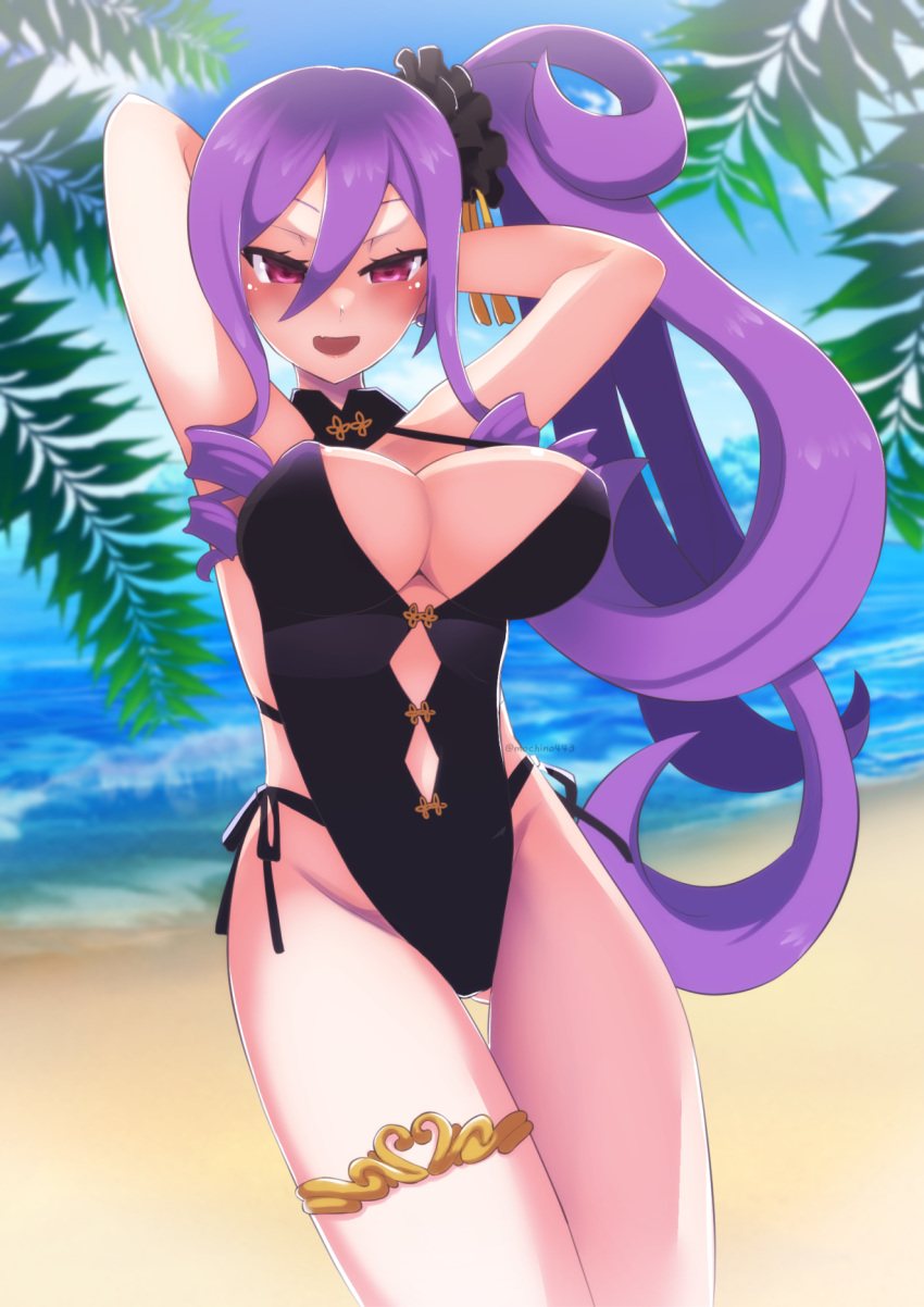 1girl armpits arms_behind_head arms_up bangs bare_shoulders beach black_swimsuit blue_sky breasts cleavage earrings fate/grand_order fate_(series) hair_between_eyes hair_ornament hair_scrunchie highleg highleg_swimsuit highres jewelry large_breasts long_hair looking_at_viewer mun_wa_maro one-piece_swimsuit open_mouth purple_eyes purple_hair scrunchie shore side_ponytail sidelocks sky smile solo swimsuit thighlet thighs very_long_hair wrist_scrunchie wu_zetian_(fate) wu_zetian_(swimsuit_caster)_(fate)