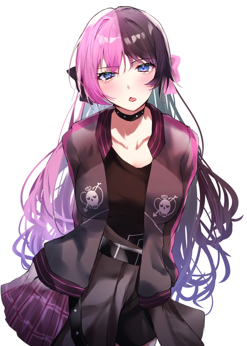 1girl absurdres belt black_belt black_choker black_hair black_shirt blue_eyes blush breasts choker collarbone contrapposto cowboy_shot highres iris_black_games jacket large_breasts looking_at_viewer multicolored_hair official_alternate_costume open_clothes open_jacket pink_hair shirt simple_background skirt solo split-color_hair studded_choker tachibana_hinano_(vtuber) two-tone_hair virtual_youtuber vspo! white_background yuki_maccha_(yukimattya10)