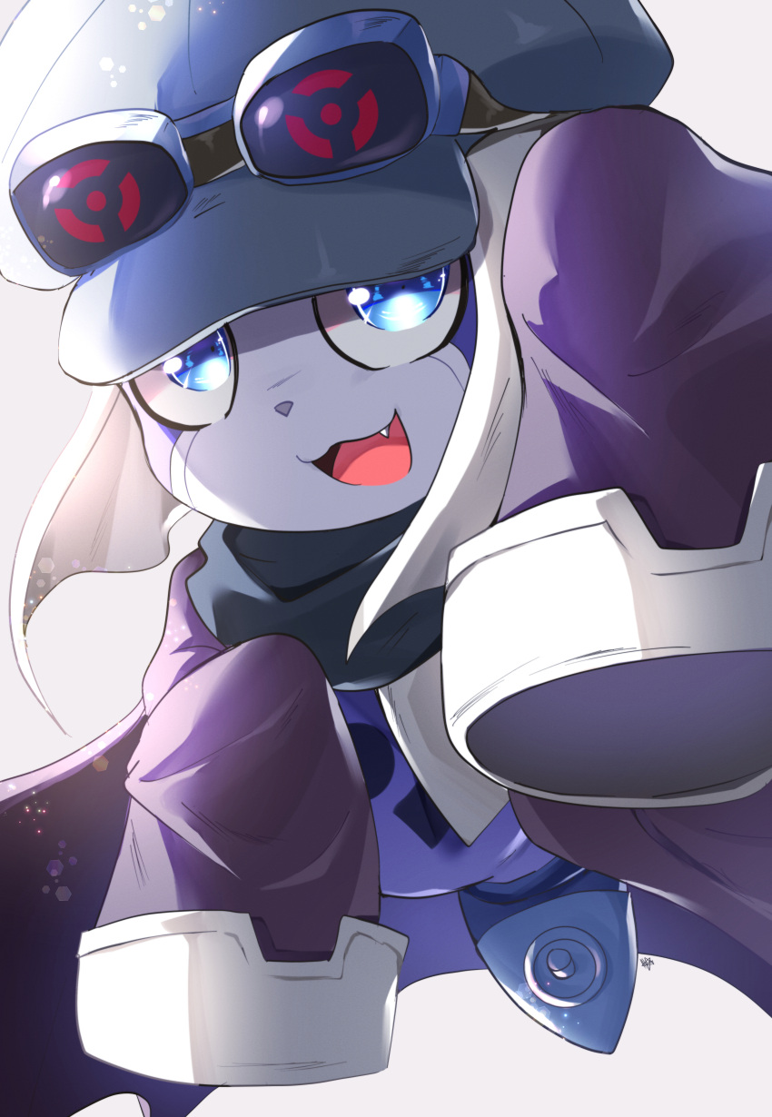 absurd_res anthro appmon appmon_(species) bandai_namco blue_eyes clothing cute_fangs digimon digimon_(species) eyewear goggles hat headgear headwear hi_res long_sleeves lury_sgh male offmon oversized_shirt oversized_sleeves solo