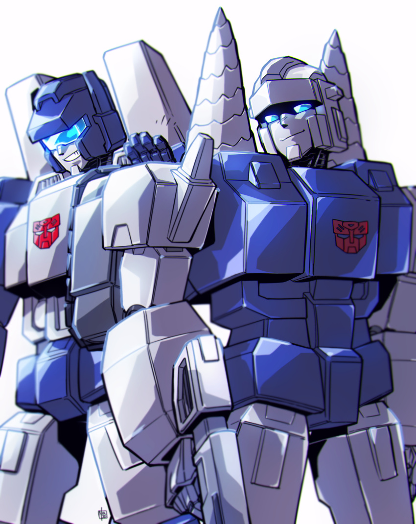 absurdres autobot blue_eyes drill gun hand_on_another's_shoulder head_tilt highres holding holding_gun holding_weapon mecha nasutetsu robot science_fiction smile smirk topspin_(transformers) transformers twin_twist weapon white_background