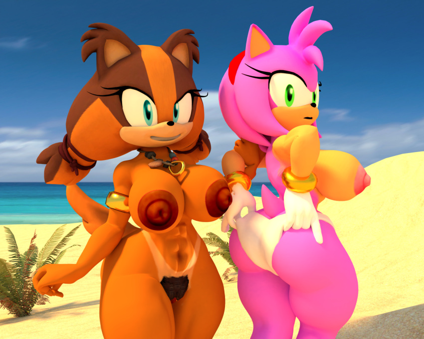 2019 3d_(artwork) abs accessory amy_rose anthro areola athletic athletic_anthro athletic_female badger beach big_areola big_breasts big_butt blender_(software) breasts brown_areola brown_body brown_fur brown_hair brown_nipples butt clothed clothing curvaceous curvy_figure detailed_background digital_media_(artwork) duo eulipotyphlan eyelashes female fingers fur gloves green_eyes hair handwear headband hedgehog hi_res hourglass_figure huge_areola jewelry looking_at_viewer looking_back lowkeydiag mammal mostly_nude multicolored_body multicolored_fur multicolored_hair mustelid musteline necklace nipples nude orange_body orange_fur orange_hair outside panties pink_areola pink_body pink_fur pink_hair pink_nipples pubes sea seaside sega short_hair short_tail side_boob small_waist smile sonic_boom sonic_the_hedgehog_(series) sticks_the_jungle_badger suntan tan_body tan_fur tan_line teal_eyes teeth thick_thighs topless topless_anthro topless_female two_tone_body two_tone_fur two_tone_hair underwear underwear_only voluptuous water wide_hips