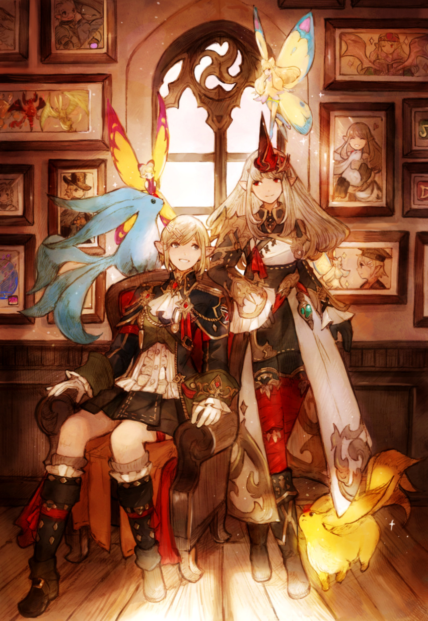 2girls absurdres avatar_(ff14) bangs black_gloves blonde_hair blue_eyes boots carbuncle_(final_fantasy) elezen elf eos_(ff14) final_fantasy final_fantasy_xiv gloves grey_hair highres horns indoors long_hair looking_at_another multiple_girls peppermint_jet photo_(object) pointy_ears red_eyes scholar_(final_fantasy) selene_(ff14) short_hair single_horn sitting standing summoner_(final_fantasy)