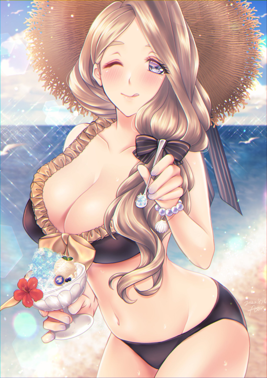 1girl ;q absurdres alternate_costume asa_(asakisafe1) beach bikini black_bikini black_bow black_swimsuit blonde_hair blue_sky blush bow breasts cleavage closed_mouth cloud collarbone commentary_request fire_emblem fire_emblem:_three_houses fire_emblem_heroes food hair_bow hat highres holding holding_food holding_spoon ice_cream large_breasts long_hair looking_at_viewer low-tied_long_hair mercedes_von_martritz navel ocean official_alternate_costume one_eye_closed outdoors purple_eyes sand side_ponytail signature sky solo spoon stomach straw_hat sun_hat swimsuit tongue tongue_out water