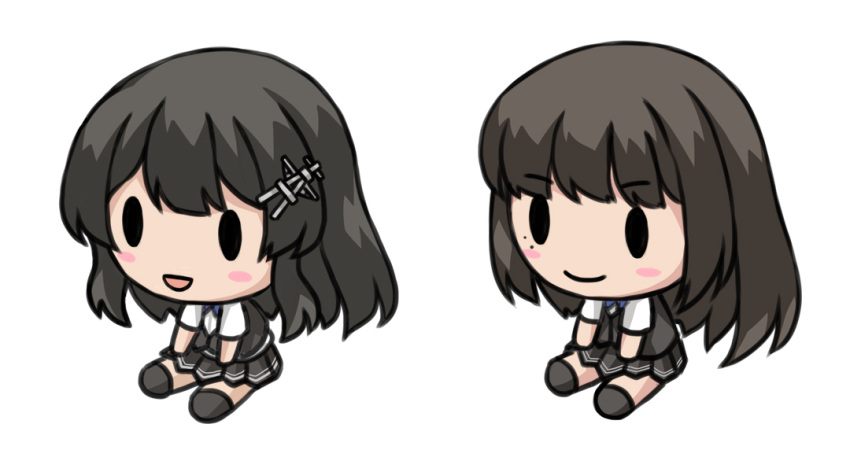 black_hair black_skirt black_vest blush_stickers character_doll chibi commentary_request dress_shirt hayashio_(kancolle) kantai_collection long_hair mixed-language_commentary mole mole_under_eye oyashio_(kancolle) pleated_skirt school_uniform shirt short_sleeves sitting skirt solid_oval_eyes suda_(yuunagi_enikki) vest white_shirt