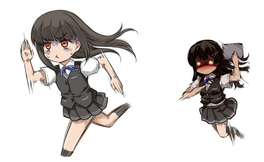 2girls black_hair black_skirt black_vest blue_ribbon brown_eyes clipboard clothes_lift commentary_request cowboy_shot glowing glowing_eyes hair_ornament hairclip hayashio_(kancolle) kantai_collection long_hair mixed-language_commentary motion_blur multiple_girls neck_ribbon oyashio_(kancolle) pleated_skirt red_eyes ribbon running school_uniform shirt short_sleeves skirt skirt_lift standing suda_(yuunagi_enikki) translation_request vest white_shirt