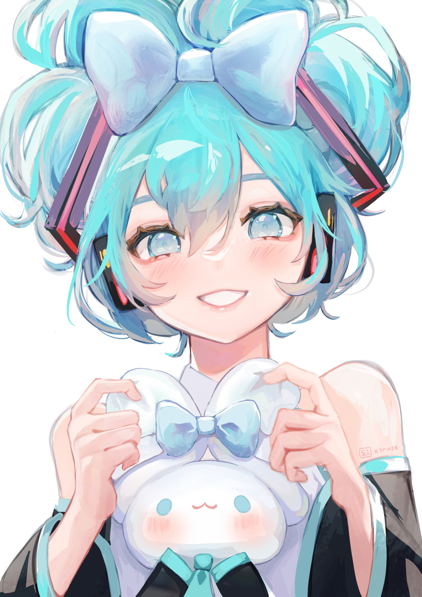 1girl :3 absurdres aqua_eyes aqua_hair bangs bare_shoulders black_sleeves blue_bow blush bow cinnamiku cinnamoroll commentary crossover grin hair_bow hair_ornament hatsune_miku highres k1ruse looking_at_viewer matching_outfit sanrio shirt simple_background smile tied_ears updo upper_body vocaloid white_background white_shirt