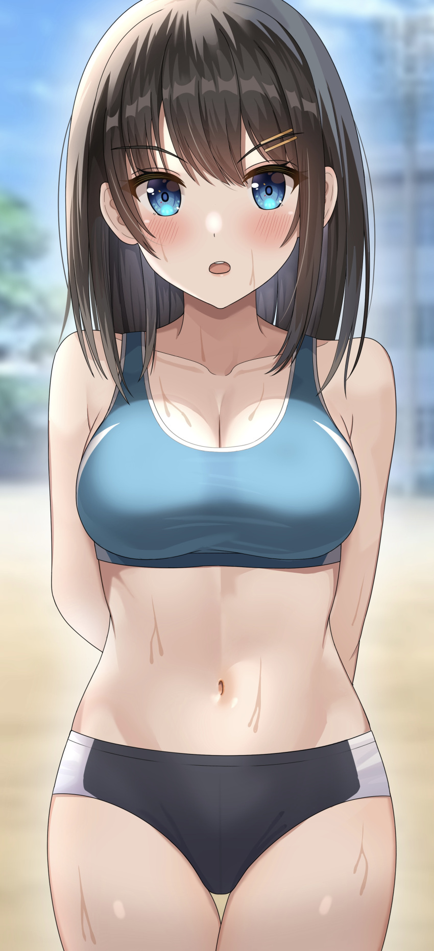 1girl absurdres arms_behind_back bangs black_shorts blue_eyes blue_sports_bra blurry blurry_background blush borrowed_character breasts brown_hair cleavage commentary_request cowboy_shot hair_ornament hairclip highleg_shorts highres hisui_(user_zvkr2432) large_breasts looking_at_viewer midriff navel open_mouth original outdoors short_shorts shorts solo sports_bra sweat tsubasa_(kureha)