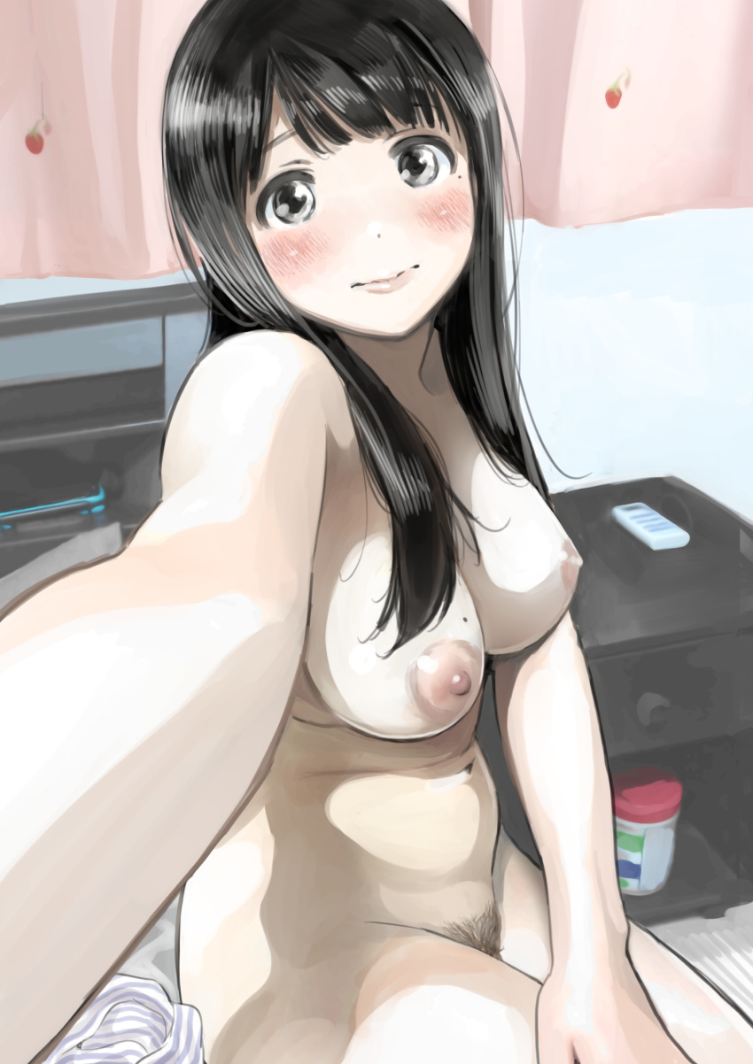 1girl bangs black_eyes black_hair blunt_bangs blush breasts chocoro_(amato_no_ekaki) closed_mouth curtains foreshortening highres indoors large_breasts long_hair looking_at_viewer mole mole_on_breast mole_under_eye navel nipples nude original outstretched_arm outstretched_hand panties panties_removed pubic_hair reaching reaching_out shiny shiny_skin sitting smile solo stomach striped striped_panties underwear