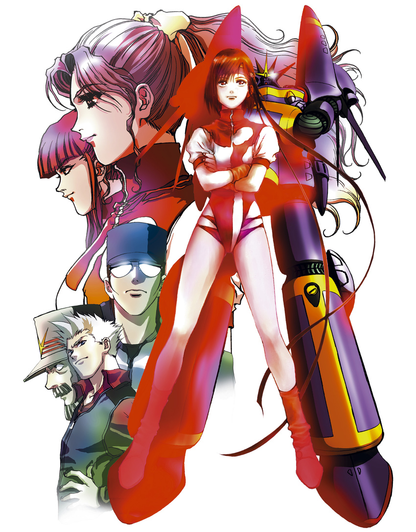 3girls absurdres amano_kazumi gunbuster hat highres jung_freud leotard mecha mikimoto_haruhiko military military_uniform multiple_boys multiple_girls oota_kouichirou purple_leotard smith_toren sunglasses takaya_noriko tashiro_tatsumi top_wo_nerae! uniform