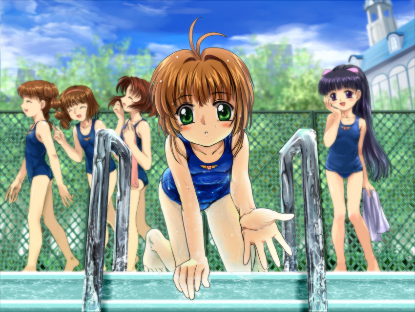 :d all_fours antenna_hair barefoot blurry brown_hair cardcaptor_sakura caustics chain-link_fence daidouji_tomoyo day depth_of_field fence green_eyes highres kinomoto_sakura mihara_chiharu multiple_girls mutsuki_(moonknives) non-web_source one-piece_swimsuit open_mouth outdoors outstretched_hand perspective pool pool_ladder poolside pov reaching sasaki_rika school school_swimsuit smile solo_focus swimsuit tree wet yanagisawa_naoko yuri