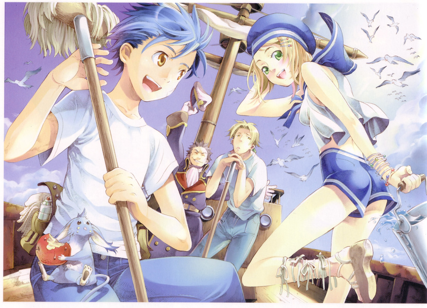 3boys ahoge apple bird black_hair blonde_hair blue_hair boat bracelet brown_eyes bucket captain_bartholomew cecilia_lynne_adelhyde coat collar creature denim eating food fruit hair_ornament hairpin hanpan happy hat highres jack_van_burace jeans jewelry mop multiple_boys official_art ooba_wakako open_mouth pants rody_roughnight sandals scan seagull shirt short_hair sitting tail uniform water watercraft wild_arms wild_arms_1