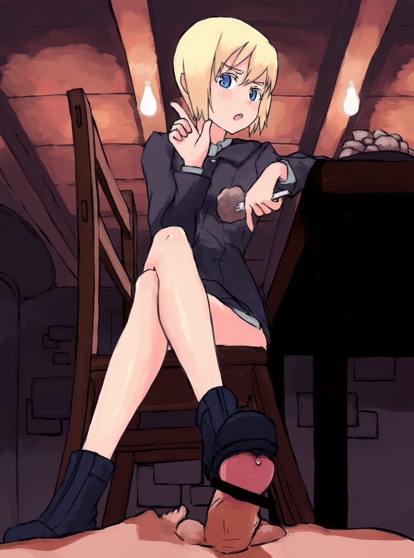 1girl bad_id bad_pixiv_id blonde_hair blue_eyes bottomless censored chair crossed_legs erica_hartmann femdom fork hetero highres no_pants penis pov shibafu_(glock23) shoejob shoes short_hair sitting solo_focus strike_witches uniform world_witches_series