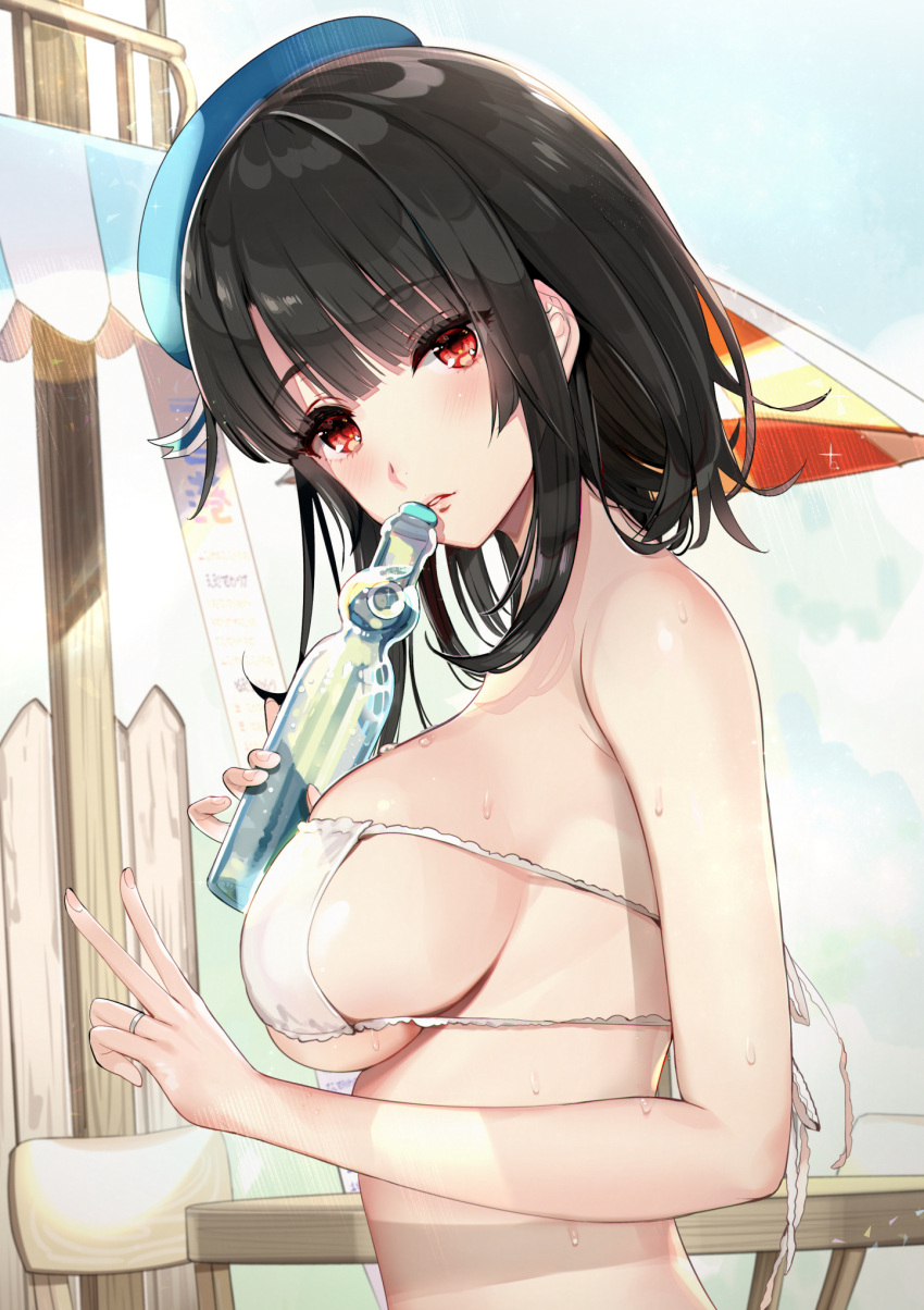 1girl ascot bangs beret bikini black_hair blush bottle breasts eyepatch_bikini hat hayakawa_akari highres jewelry kantai_collection large_breasts lips looking_at_viewer outdoors parted_lips ramune red_eyes ring short_hair solo sweat swimsuit takao_(kancolle) upper_body wedding_band white_ascot white_bikini