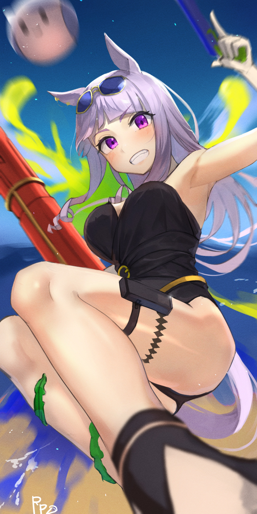 1girl absurdres animal_ears ball bangs black_swimsuit blush breasts day eyewear_on_head gold_ship_(run_revolt_launcher)_(umamusume) gold_ship_(umamusume) grin highres horse_ears horse_girl horse_tail large_breasts light_purple_hair long_hair looking_at_viewer one-piece_swimsuit outdoors seaweed sidelocks signature smile solo sunglasses swimsuit tail thigh_strap umamusume watashinabe water_gun