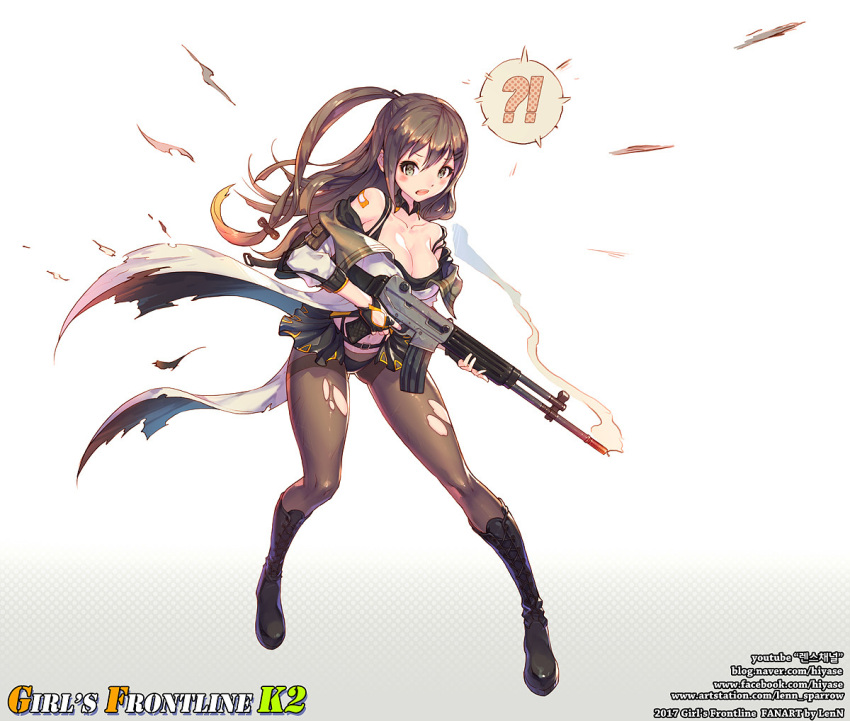 !? 1girl artist_name assault_rifle bandaid bangs black_footwear black_gloves boots breasts brown_eyes brown_hair brown_pantyhose character_name cleavage daewoo_k2 fingerless_gloves full_body girls'_frontline gloves gun holding holding_gun holding_weapon jacket k2_(girls'_frontline) lenn_sparrow looking_at_viewer open_mouth pantyhose ponytail rifle solo torn_clothes torn_legwear weapon white_background white_jacket