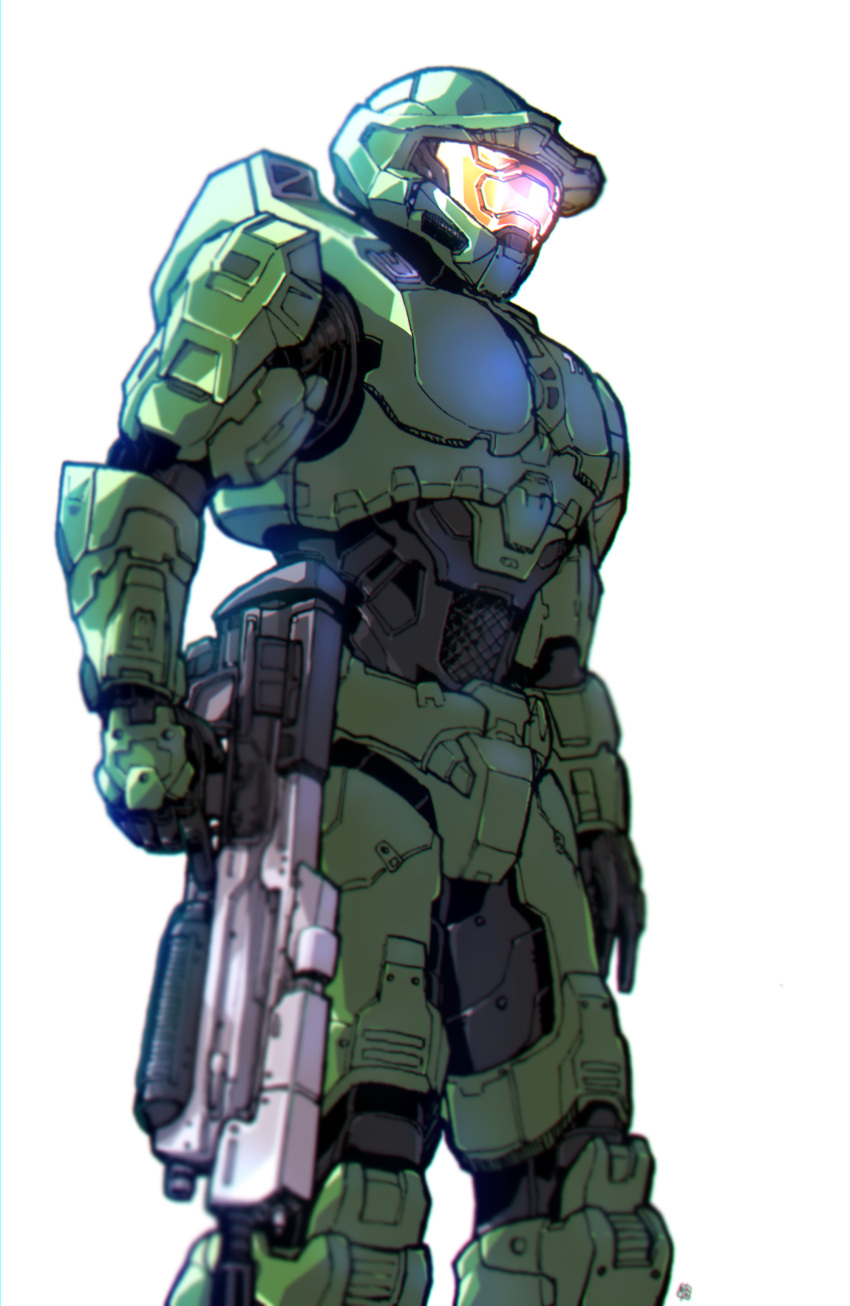 1boy absurdres assault_rifle black_gloves bullpup gloves gun halo_(series) halo_infinite helmet highres holding holding_gun holding_weapon ma5 master_chief nasutetsu open_hand power_armor rifle science_fiction solo spartan_(halo) visor weapon white_background