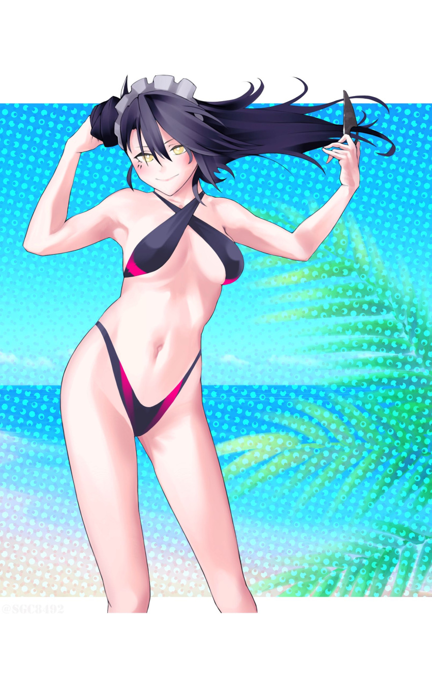 1girl absurdres agent_(girls'_frontline) alternate_costume bangs bare_shoulders black_hair black_swimsuit blush breasts closed_mouth collarbone double_bun facial_mark feet_out_of_frame girls'_frontline hair_bun hand_in_own_hair highres holding lips long_hair looking_at_viewer maid_headdress medium_breasts multicolored_clothes multicolored_swimsuit navel pink_swimsuit sangvis_ferri simple_background smile solo standing sugac swimsuit two-tone_swimsuit yellow_eyes