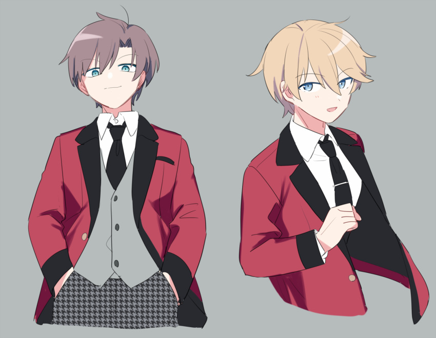 2boys akechi_hideki blonde_hair blue_eyes brown_hair formal hands_in_pockets jiitarou looking_at_viewer looking_down mahjong_soul male_focus matching_outfit multiple_boys necktie open_mouth red_suit shinomiya_natsuki short_hair smile suit