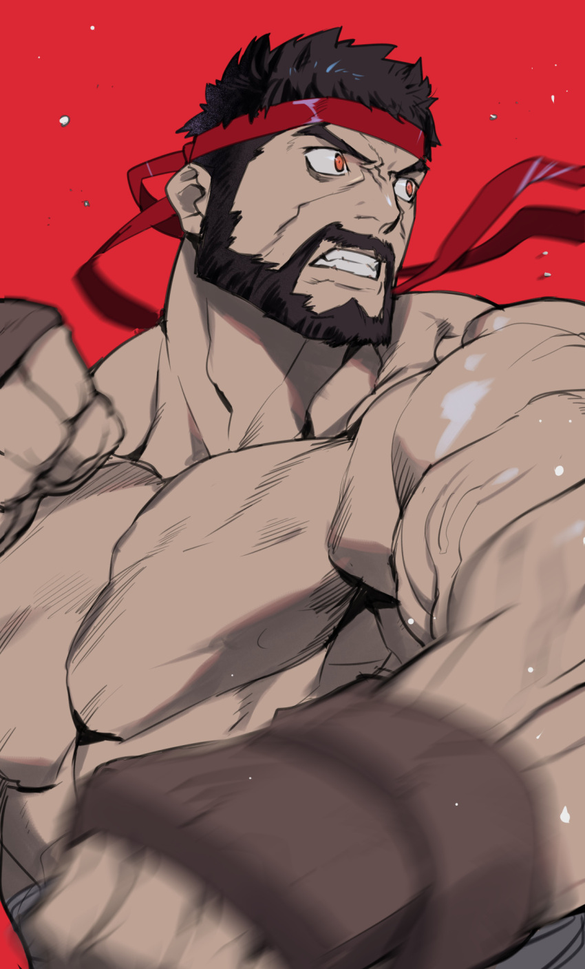 1boy bara beard black_hair clenched_hands clenched_teeth facial_hair gloves headband highres large_pectorals male_focus muscular muscular_male pectorals red_background red_eyes red_headband ryota-h ryu_(street_fighter) short_hair simple_background solo street_fighter street_fighter_6 teeth topless_male upper_body