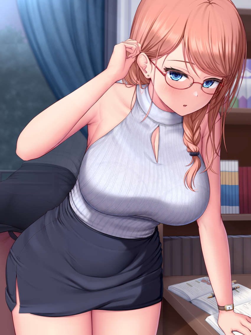 1girl bangs bare_arms bare_shoulders black_skirt blue_eyes blush book bookshelf braid breasts brown_hair cleavage cleavage_cutout clothing_cutout curtains ear_piercing glasses highres large_breasts long_hair looking_at_viewer melopun original parted_lips piercing skirt thighs watch