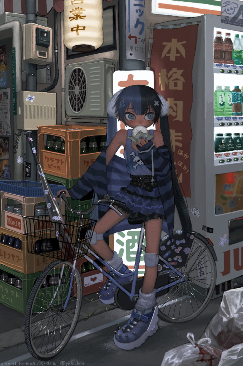 1girl absurdres air_conditioner bangs bare_shoulders belt bicycle black_belt black_hair black_skirt blood blood_on_weapon blue_footwear blue_hair blunt_bangs coca-cola commission cross eating frilled_skirt frills full_body grey_eyes ground_vehicle hair_between_eyes hair_ornament highres internet_explorer jacket knee_brace lantern long_hair long_sleeves looking_to_the_side metal_baseball_bat miniskirt multicolored_footwear multicolored_hair off_shoulder original outdoors paper_lantern partially_translated print_tank_top purple_skirt riding riding_bicycle scar scar_on_arm scar_on_leg self_harm sidelocks skeb_commission skirt skull_and_crossbones socks soda_bottle solo sprite_(drink) sticker straight_hair striped striped_jacket studded_belt studded_footwear tank_top translation_request trash_bag twintails twitter_username two-tone_hair two-tone_skirt utility_pole vending_machine very_long_hair weapon white_footwear white_socks winged_footwear x_hair_ornament yakito_lulu