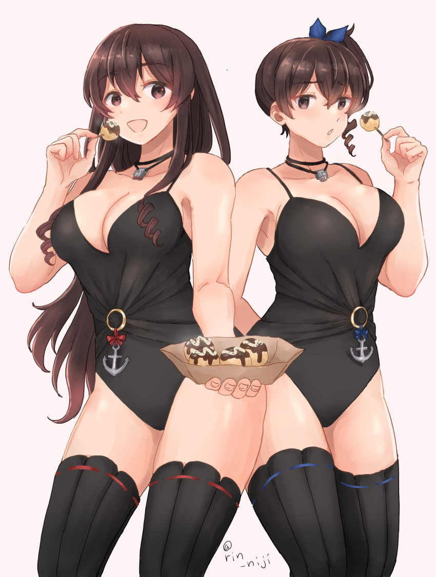 2girls akagi_(kancolle) alternate_costume anchor black_swimsuit black_thighhighs breasts brown_eyes brown_hair cowboy_shot eating food hair_ribbon highres holding holding_food jewelry kaga_(kancolle) kantai_collection large_breasts long_hair medium_hair multiple_girls necklace one-piece_swimsuit open_mouth ribbon rin_(rin_niji) short_sidetail side_ponytail simple_background smile swimsuit takoyaki thighhighs toothpick twitter_username white_background