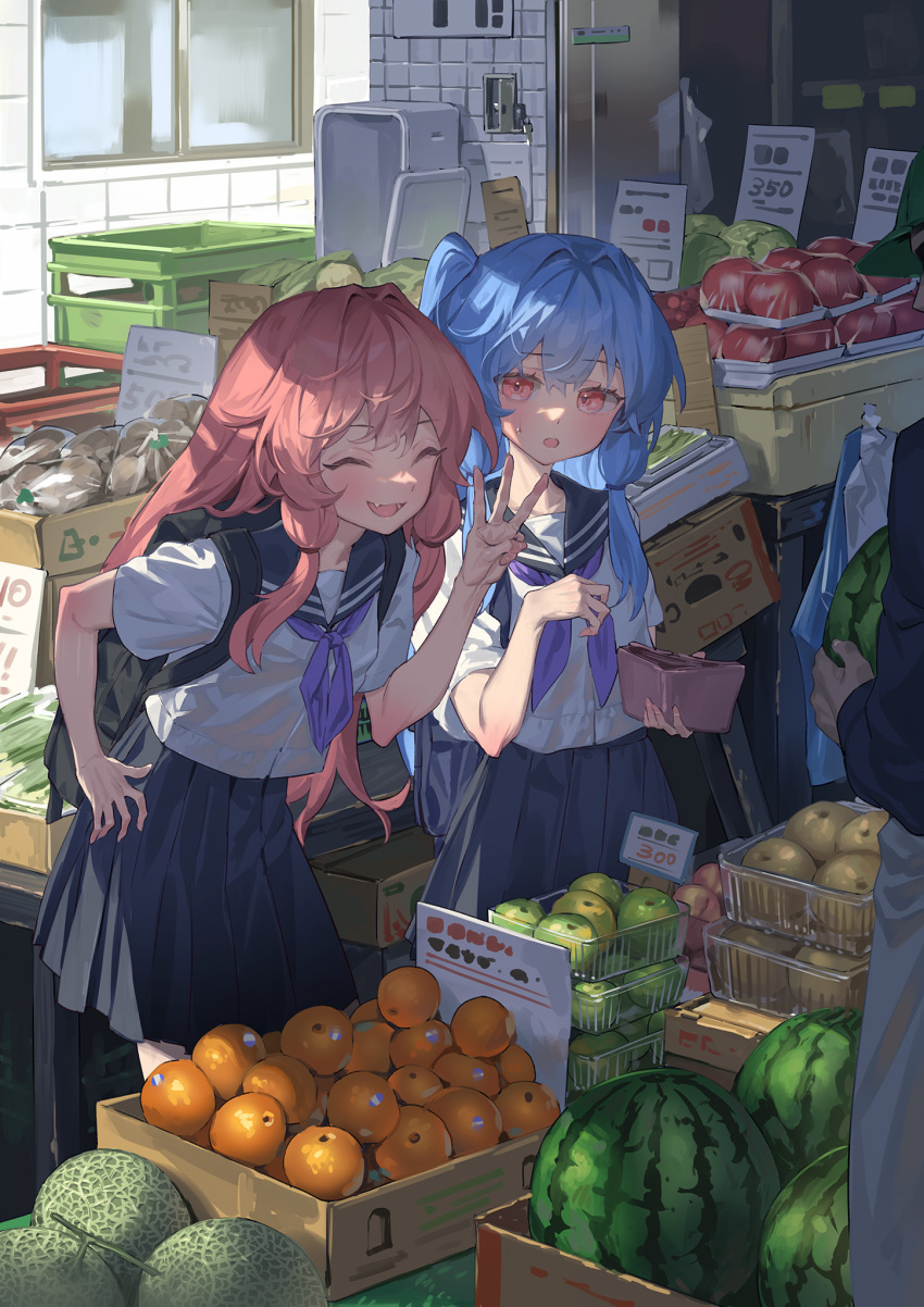 1boy 2girls :d ^_^ apple bag basket bento black_skirt blue_hair cabbage cashier closed_eyes copyright_request eggplant fang flat_chest food fruit groceries grocery_bag hand_on_hip highres kotonoha_akane kotonoha_aoi looking_at_another melon multiple_girls neckerchief orange_(fruit) pink_eyes pink_hair pleated_skirt school_uniform serafuku shopping_bag skin_fang skirt smile voiceroid w wallet watermelon yamamomo_(plank)