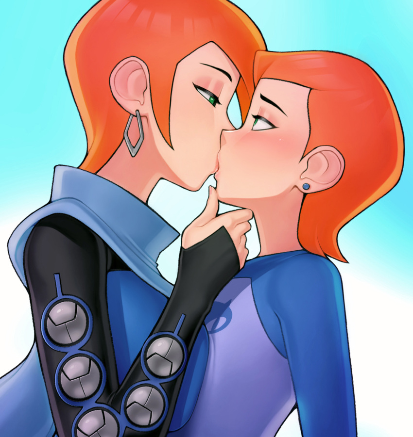 2girls ben_10 blush earrings grabbing_another's_chin green_eyes gwendolyn_tennyson hand_on_another's_chin highres jewelry kiss loodncrood multiple_girls orange_hair selfcest short_hair stud_earrings yuri