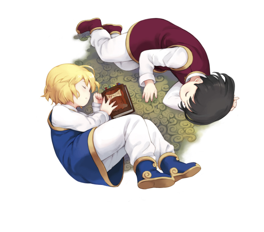2boys ankle_boots arm_pillow bangs blonde_hair blue_footwear blue_tunic book bookmark boots brown_hair child closed_eyes closed_mouth comet_(teamon) commentary from_above full_body hunter_x_hunter kurapika long_sleeves lying male_child male_focus multiple_boys on_ground on_side pairo pants red_footwear red_tunic shirt shoe_soles sleeping symmetrical_pose upside-down white_background white_pants white_shirt younger