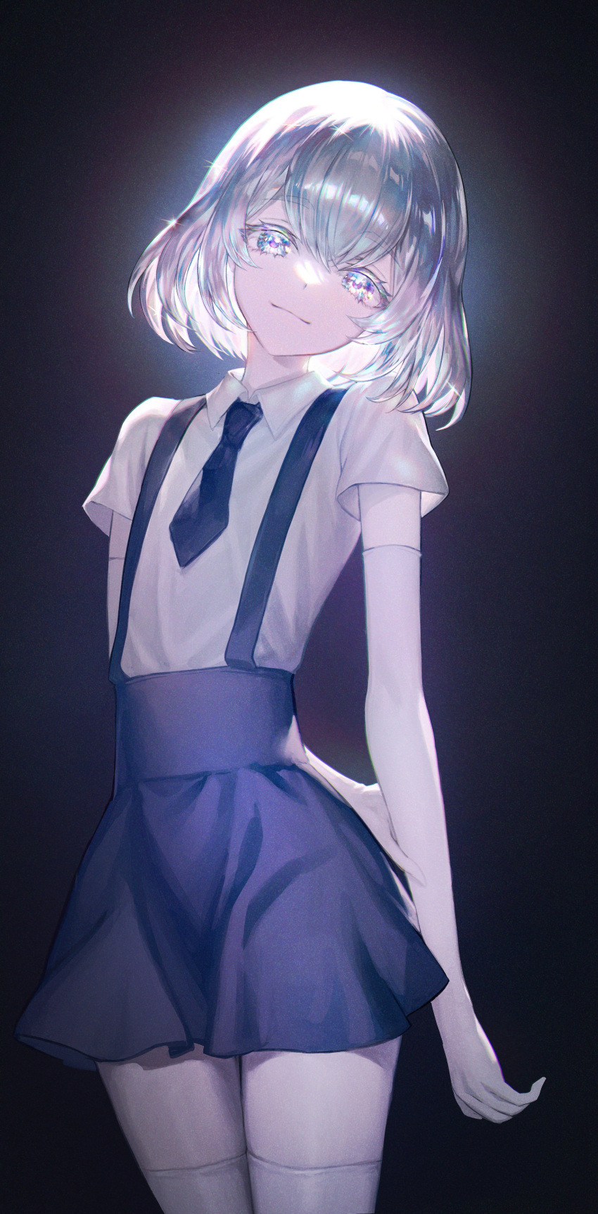 1other absurdres arm_behind_back bangs black_background black_necktie black_skirt closed_mouth commentary crystal_hair diamond_(houseki_no_kuni) elbow_gloves gloves highres houseki_no_kuni looking_at_viewer multicolored_eyes multicolored_hair necktie pale_skin rainbow_eyes rainbow_hair raji_(aranmax) shirt short_hair simple_background skirt solo sparkle suspender_skirt suspenders thighhighs white_gloves white_shirt white_thighhighs