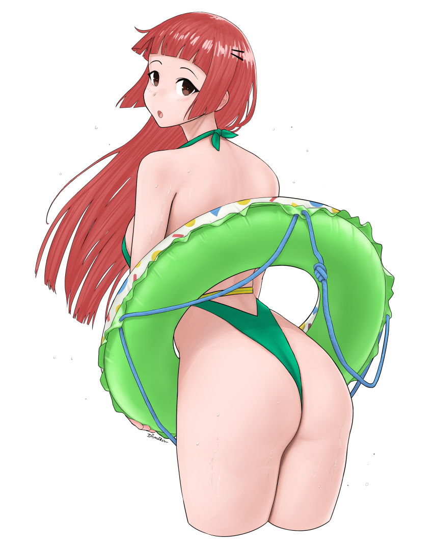 1girl absurdres ass bangs blunt_bangs blunt_ends breasts brown_eyes cowboy_shot dismaiden from_behind green_swimsuit hair_ornament hairclip halterneck highleg highleg_swimsuit highres innertube large_breasts looking_back one-piece_swimsuit one-piece_thong original red_hair solo swimsuit thong_swimsuit