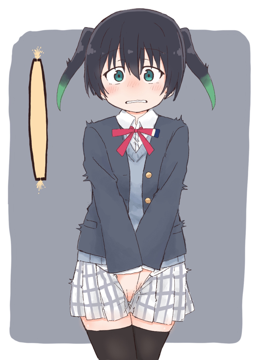 1girl bangs between_legs black_hair black_jacket black_thighhighs blush border buttons clenched_teeth collared_shirt commentary_request constricted_pupils cowboy_shot embarrassed flat_chest gradient_hair green_eyes green_hair grey_background grey_sweater hand_between_legs have_to_pee highres jacket long_sleeves looking_at_viewer love_live! love_live!_nijigasaki_high_school_idol_club miniskirt multicolored_hair neck_ribbon nose_blush open_clothes open_jacket outside_border own_hands_together peeing peeing_self plaid plaid_skirt pleated_skirt pocket ponnu_(tnpn2yw) red_ribbon ribbon school_uniform shiny shiny_hair shirt short_hair sidelocks simple_background skirt solo standing straight-on surprised sweater takasaki_yuu teeth thighhighs trembling twintails two-tone_hair urine_meter v_arms white_border white_shirt white_skirt wide-eyed zettai_ryouiki