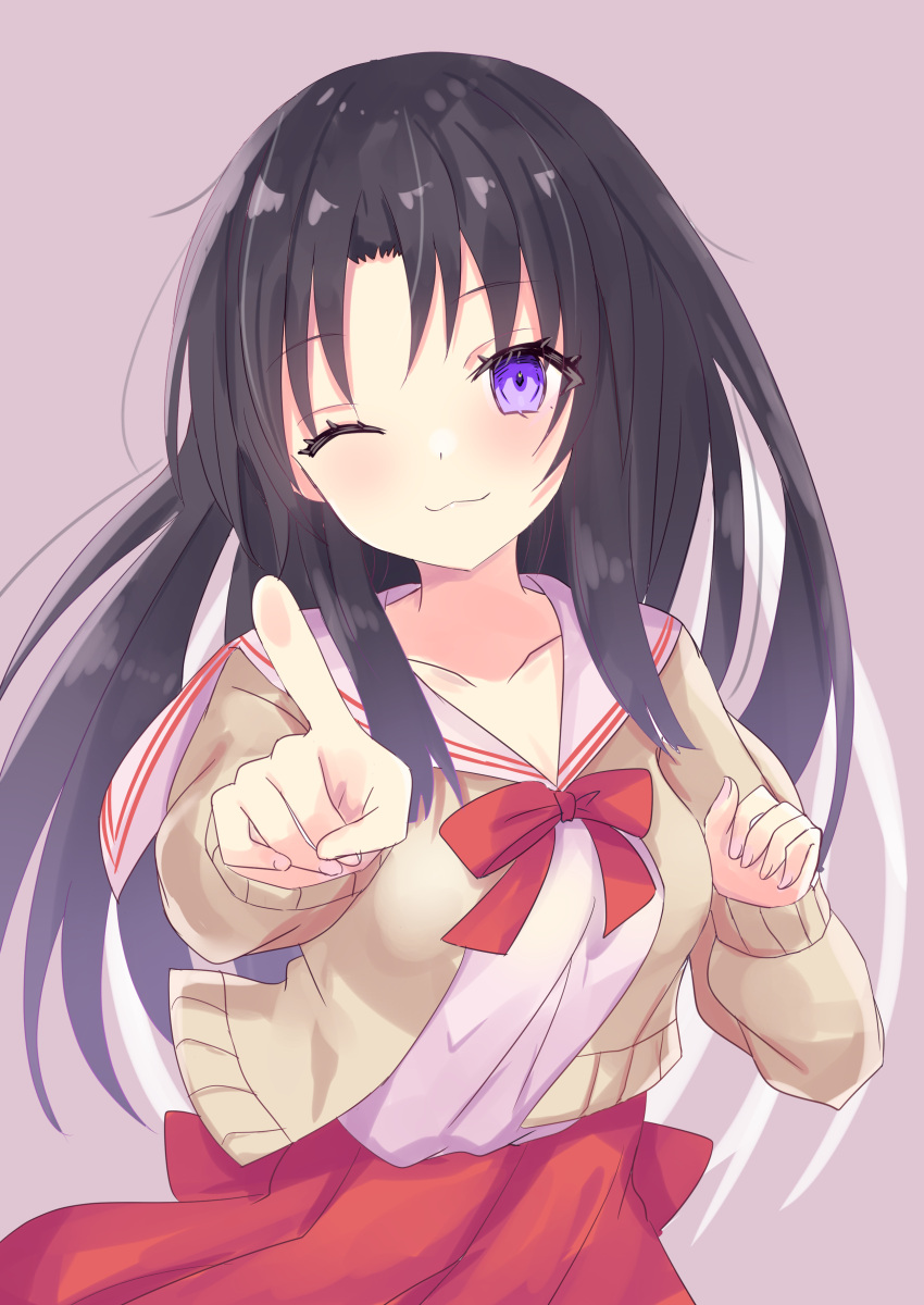 1girl ;) absurdres bangs black_hair bow breasts brown_cardigan cardigan closed_mouth commentary_request highres hizaka kawana_misaki long_hair long_sleeves looking_at_viewer one_-_kagayaku_kisetsu_e one_eye_closed open_cardigan open_clothes parted_bangs pleated_skirt pointing pointing_at_viewer purple_background purple_eyes red_bow red_skirt sailor_collar school_uniform serafuku shirt simple_background skirt small_breasts smile solo very_long_hair white_sailor_collar white_shirt