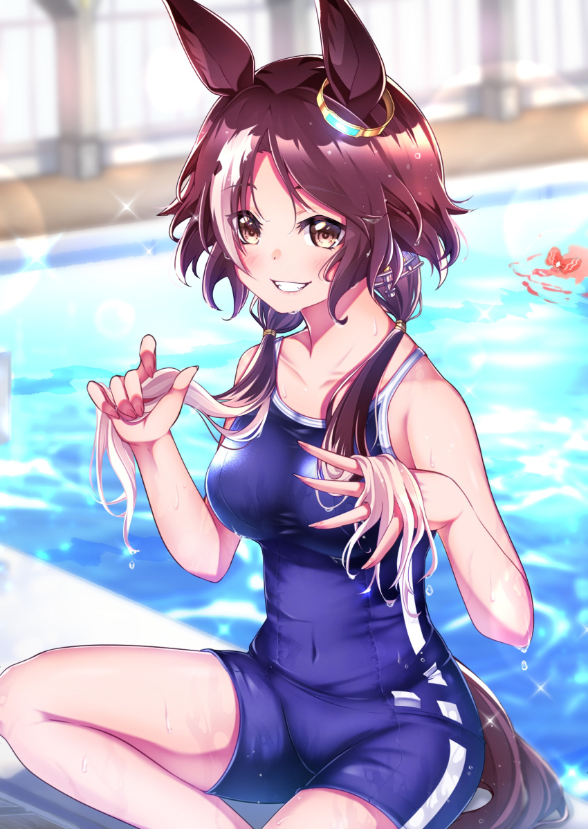 1girl :d alternate_hairstyle animal_ears bangs blue_swimsuit blurry blurry_background brown_hair grin hero_(10cl3) highres horse_ears horse_girl horse_tail indoors looking_at_viewer one-piece_swimsuit pool poolside school_swimsuit sitting smile solo swimsuit tail teeth umamusume vodka_(umamusume) water wet wet_hair when_you_see_it yellow_eyes