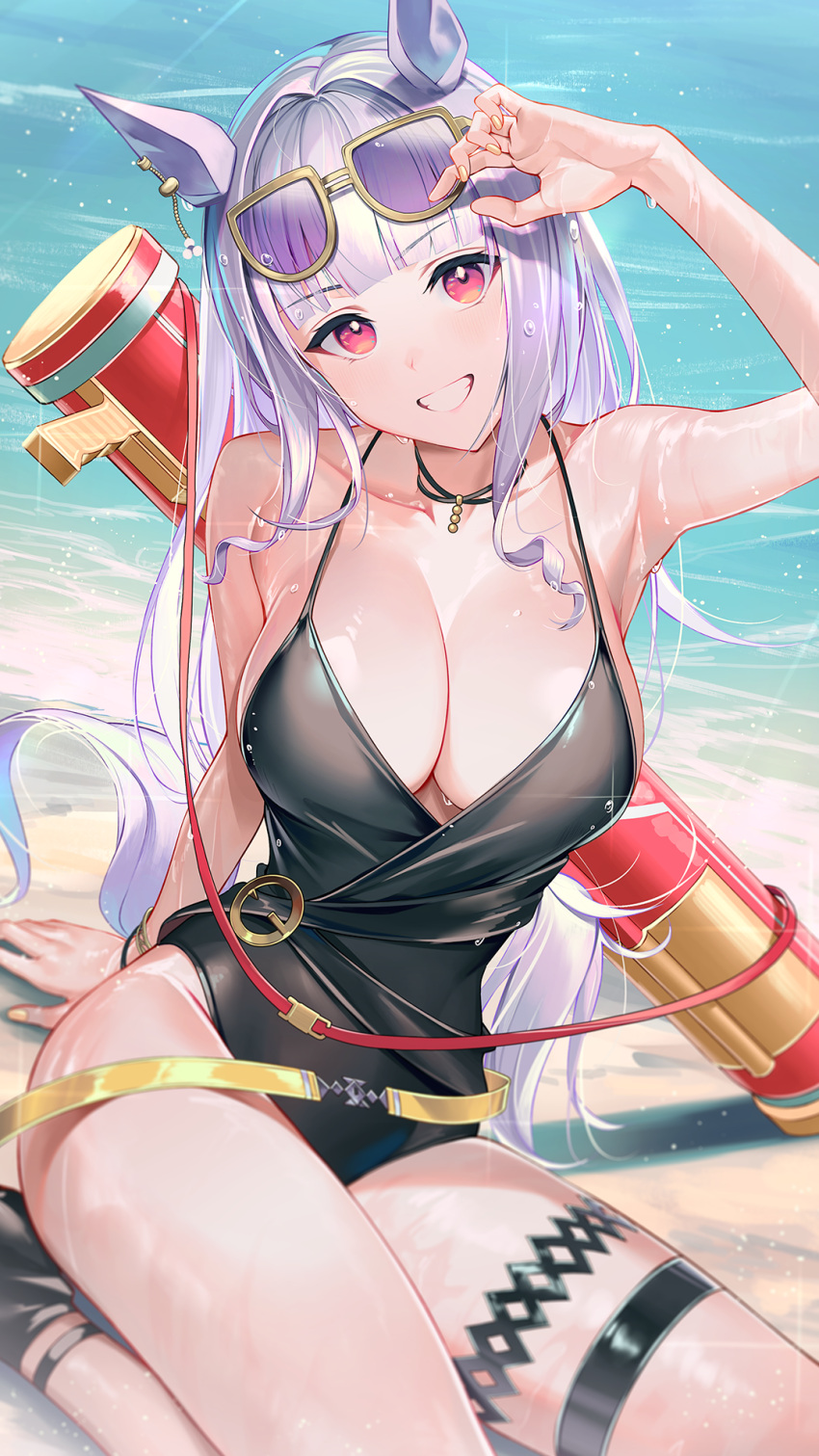 1girl animal_ears arm_support arm_up armpits bangs black_swimsuit blunt_bangs blush bracelet breasts cleavage collarbone eyewear_on_head gold_ship_(run_revolt_launcher)_(umamusume) gold_ship_(umamusume) grin highres horse_ears horse_tail jewelry kainown large_breasts light_purple_hair looking_at_viewer one-piece_swimsuit smile solo super_smashing_summer_vacation_(umamusume) swimsuit tail thigh_strap tinted_eyewear umamusume water_gun