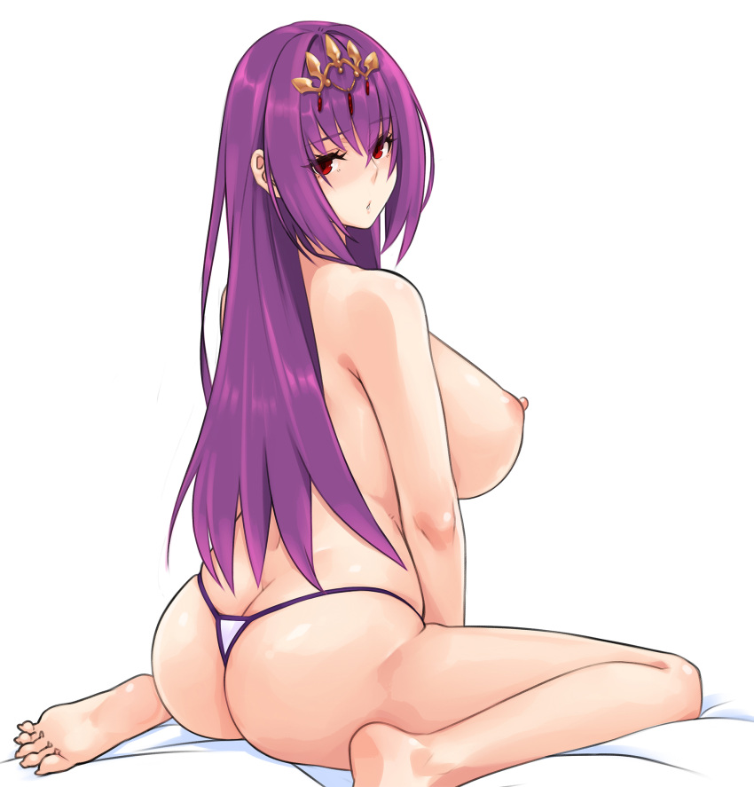1girl ass back bangs barefoot breasts fate/grand_order fate_(series) hair_between_eyes hayama_kazusa highres large_breasts long_hair looking_at_viewer looking_back nipples purple_hair red_eyes scathach_(fate) scathach_skadi_(fate) sitting solo thighs tiara topless wariza